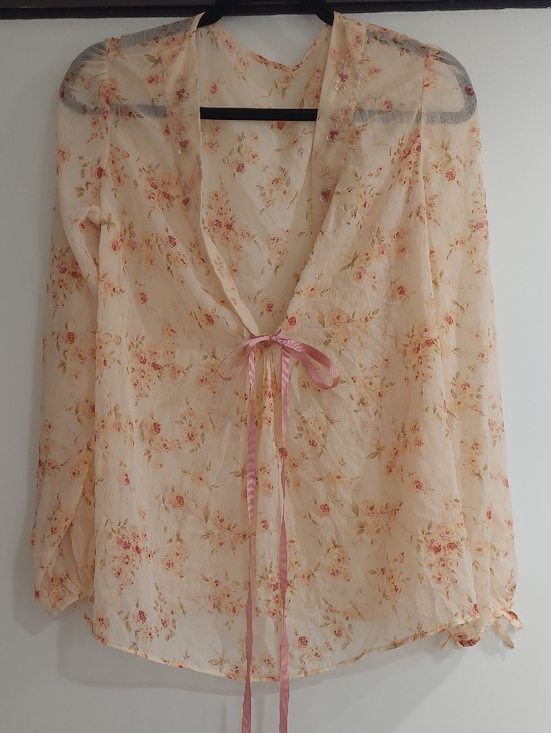 Tops - Women's Sheer Floral Tie-Front Blouse - Cream with Pink Floral